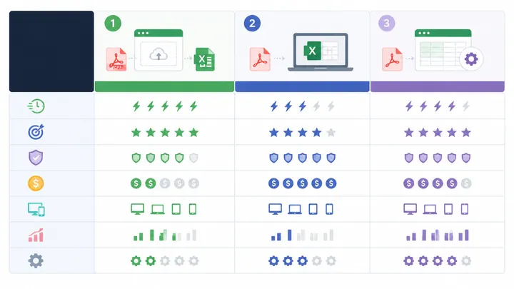 Horizontal comparison table design for three PDF to Excel methods: online converter, Excel built-in