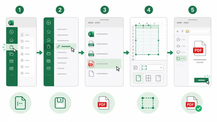 Step-by-step flowchart showing Excel to PDF export: File menu, Save As, choose PDF, set print area,