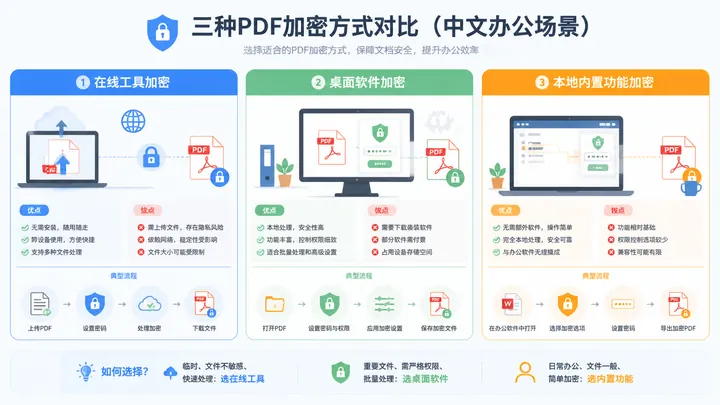 Infographic comparing three PDF password methods in Chinese office workflow, showing online tool, de
