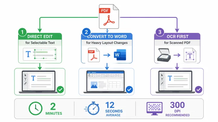 A clean 720x405 infographic flowchart showing three PDF editing paths: direct edit for selectable te