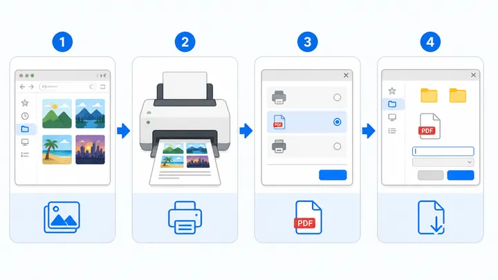 Step-by-step infographic for Windows and Mac image to PDF conversion, showing four nodes: open image