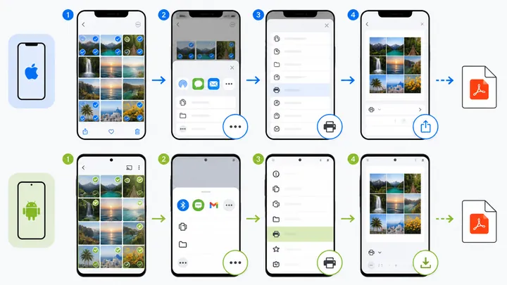 Mobile tutorial illustration showing iPhone and Android gallery to PDF workflow, select photos, shar