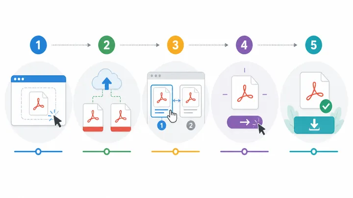 Step-by-step infographic for merging two PDF files online, showing five nodes: open merge PDF tool, 