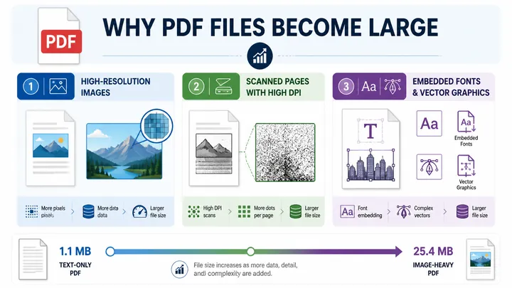 Infographic comparing why PDF files become large, showing three causes: high-resolution images, scan