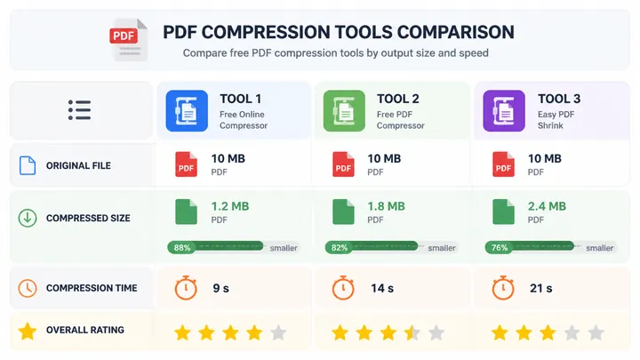 Comparison chart of three free PDF compression tools, showing original 10MB PDF compressed to 1.2MB,