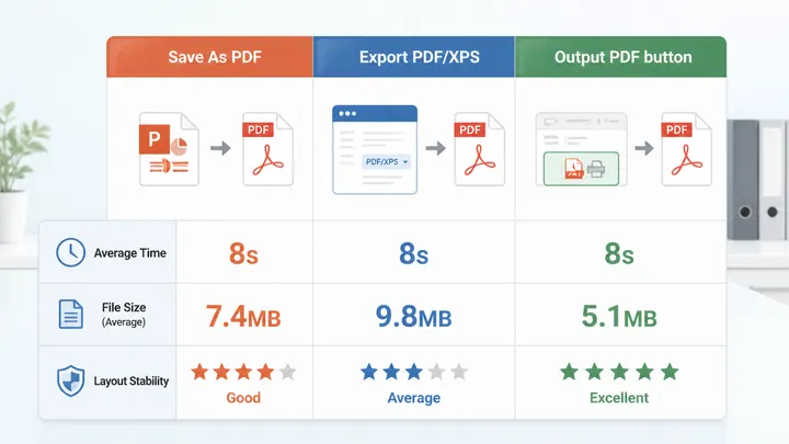 Comparison infographic for converting PPT to PDF with three columns: Save As PDF, Export PDF/XPS, Ou
