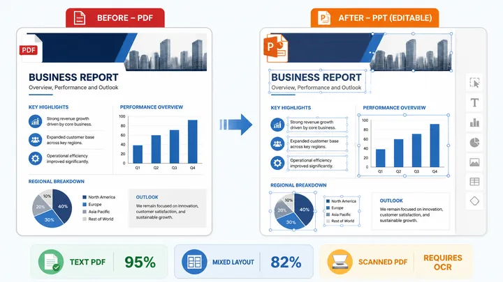 Before and after comparison of PDF to PPT conversion. Left: fixed PDF page, right: editable PPT with