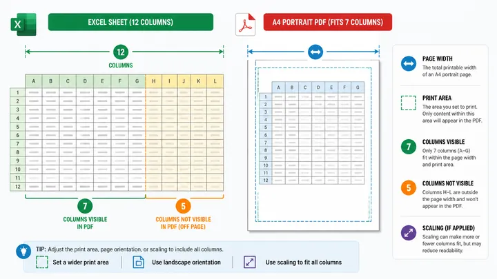 Infographic comparing Excel sheet width versus A4 portrait PDF page, showing 12 columns in the sprea