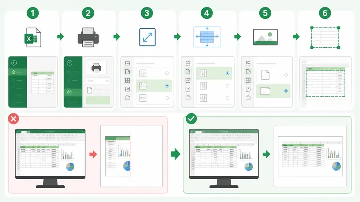 Step-by-step flowchart for fixing Excel to PDF missing right half on desktop: File, Print, Scaling, 