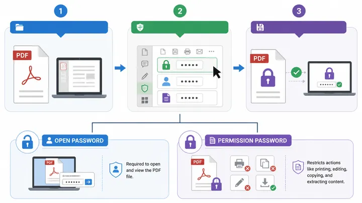 A 720x405 infographic flowchart showing how to add password to a PDF in three steps: open PDF, choos