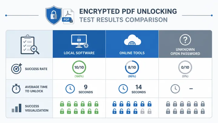 A 720x405 comparison chart showing encrypted PDF unlocking test results: local software 10/10 succes