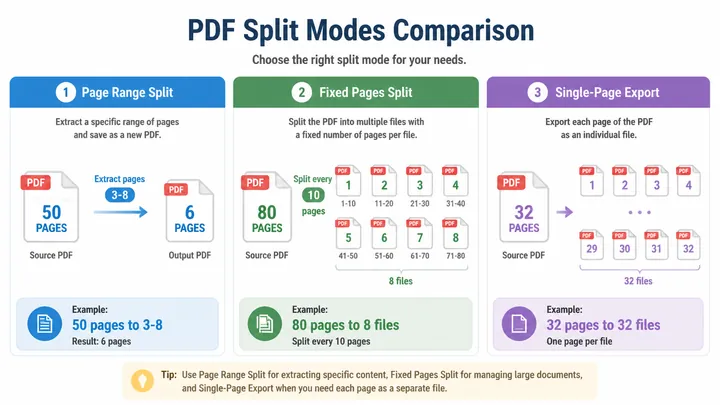 720x405 infographic comparing three PDF split modes: page range split, fixed pages split, and single