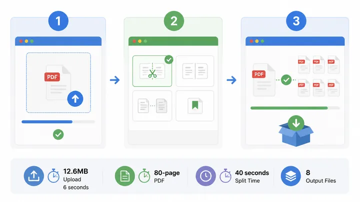 Step-by-step flowchart for online PDF splitting: 1 upload PDF, 2 choose split mode, 3 start split an