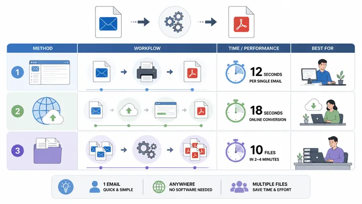 A 720x405 infographic flowchart showing three EML to PDF conversion methods: email client print to P
