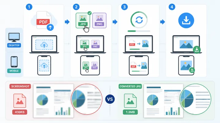 Infographic comparison chart showing PDF to image workflow on computer and mobile, with four steps u