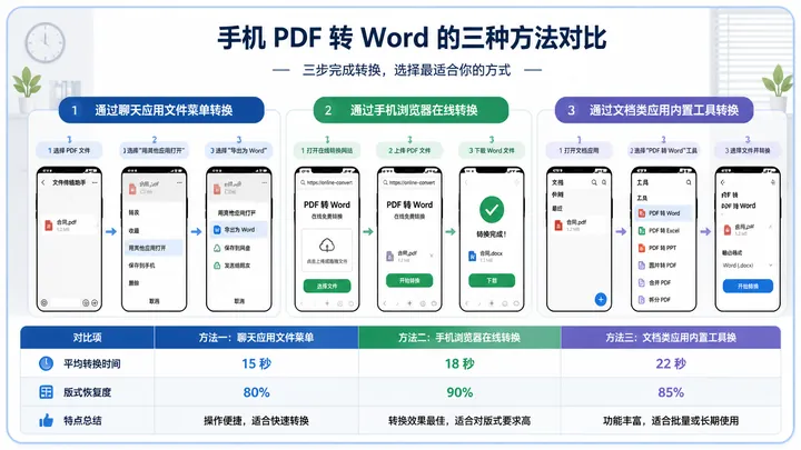A 720x405 infographic flowchart showing three mobile PDF to Word conversion methods: chat file menu,