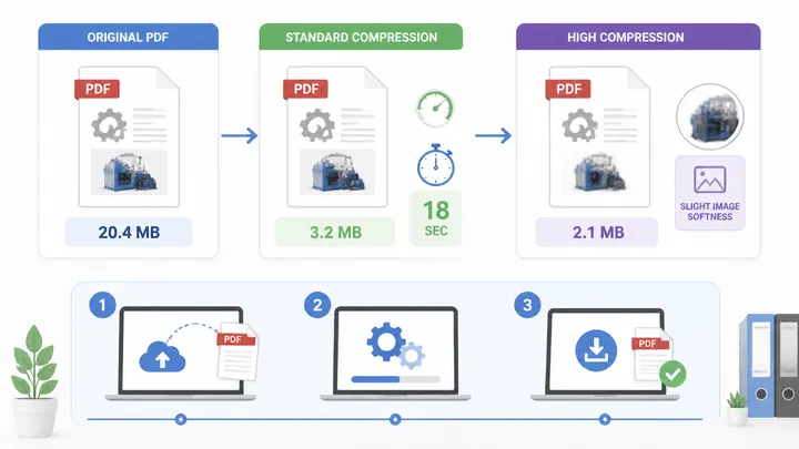 720x405 infographic comparing PDF compression results: original 20.4MB product manual, standard comp