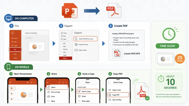 Step-by-step infographic for converting PPT to PDF on computer and mobile, showing PowerPoint menu p