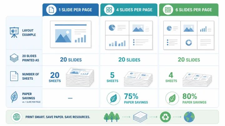 Data comparison chart showing PPT handout printing options: 20 slides as 20 sheets, 4 slides per pag