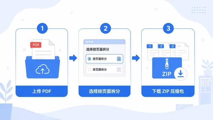 Step-by-step workflow infographic for splitting a PDF into separate pages, 720x405, three nodes labe