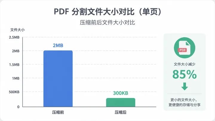 Data comparison chart showing PDF split file size before and after compression: single page 2MB vs 3
