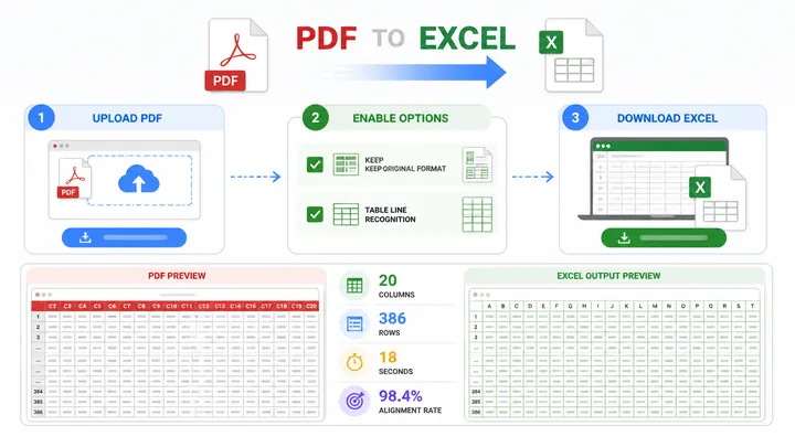 720x405 infographic showing PDF to editable Excel conversion workflow with three steps: upload PDF, 