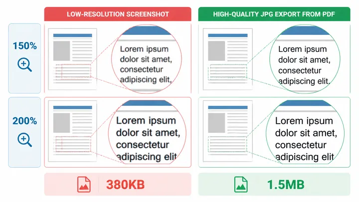 A 720x405 comparison chart showing low-resolution screenshot versus high-quality JPG export from PDF