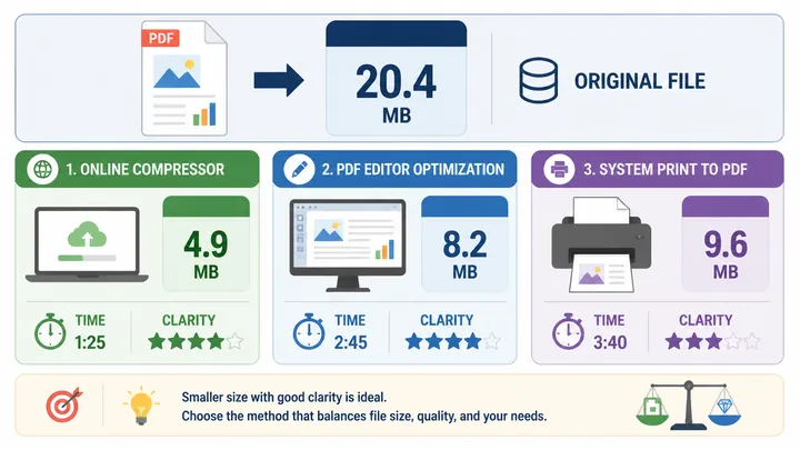 720x405 infographic comparing three PDF compression methods: online compressor, PDF editor optimizat