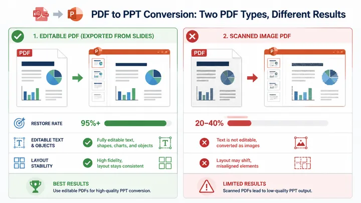 Comparison infographic showing two PDF types for PDF to PPT conversion: editable PDF exported from s