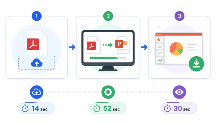 Step-by-step flowchart showing PDF to PPT conversion in three nodes: choose file, start conversion, 