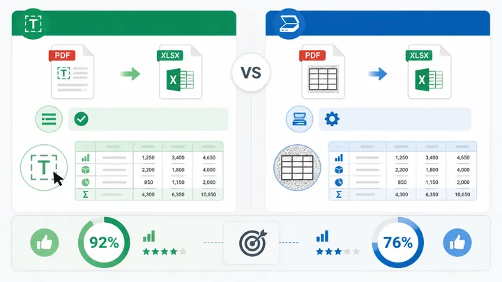 Infographic comparing two PDF types for Excel conversion: text-based PDF versus scanned image PDF, s