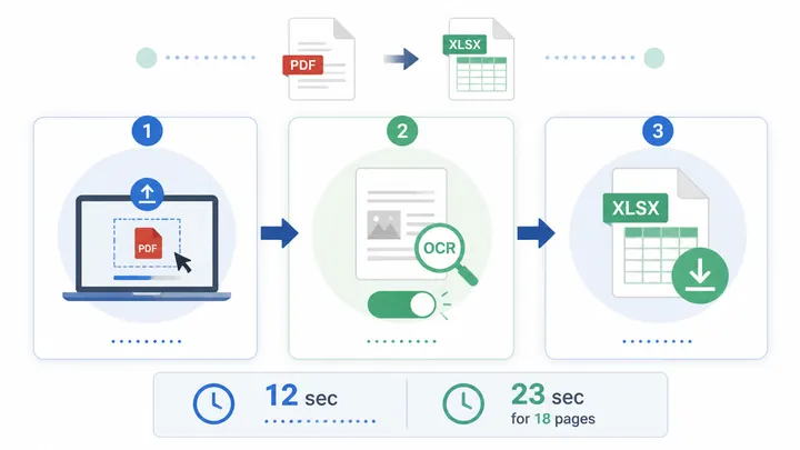 Step-by-step flowchart showing online PDF to Excel conversion with three nodes: upload PDF, enable O