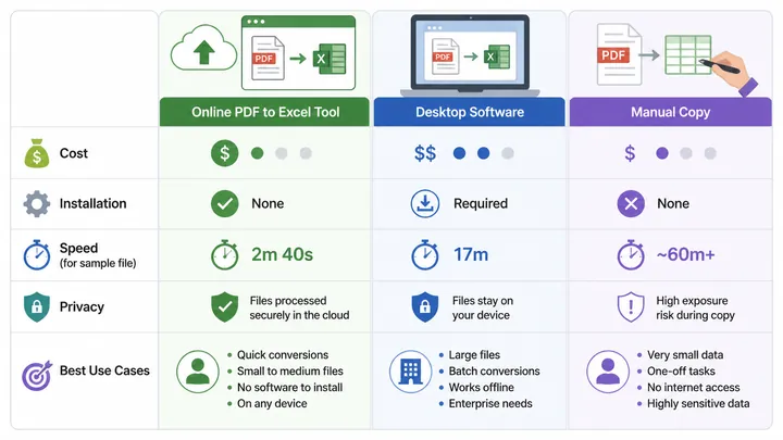 Comparison table infographic: online PDF to Excel tool versus desktop software versus manual copy, s