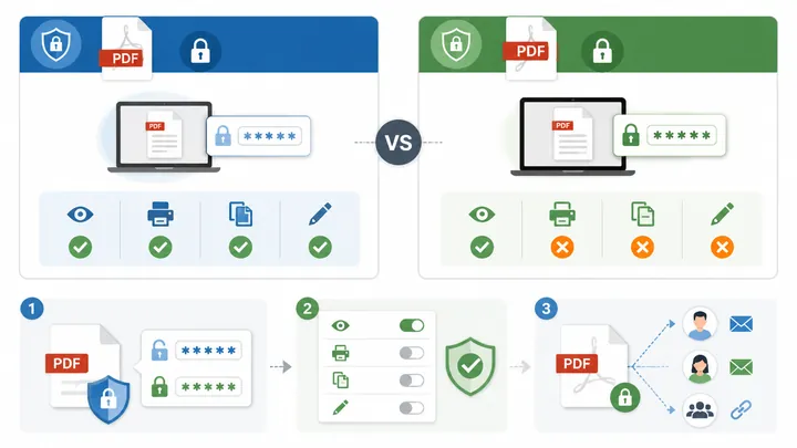 Infographic comparing two PDF password types, open password and permission password, with icons for 