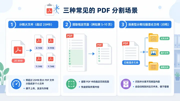 Infographic showing three common PDF splitting scenarios: large file over 25MB, extracting pages 5-1