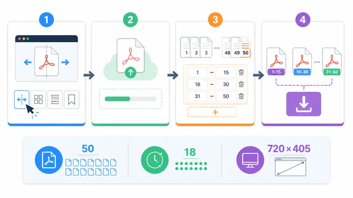 Step-by-step flowchart showing online PDF splitting process with 4 nodes: choose PDF split, upload f