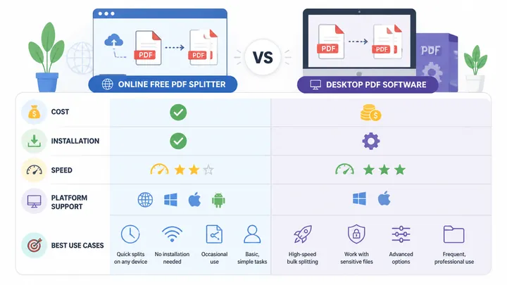 Comparison chart of online free PDF splitter versus desktop PDF software, showing cost, installation