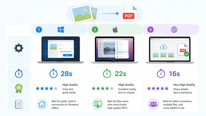 Infographic comparison chart for converting images to PDF on desktop, showing three methods: Windows
