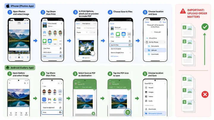 Mobile workflow diagram showing iPhone Photos share to Print, pinch out to PDF, save to Files, plus 
