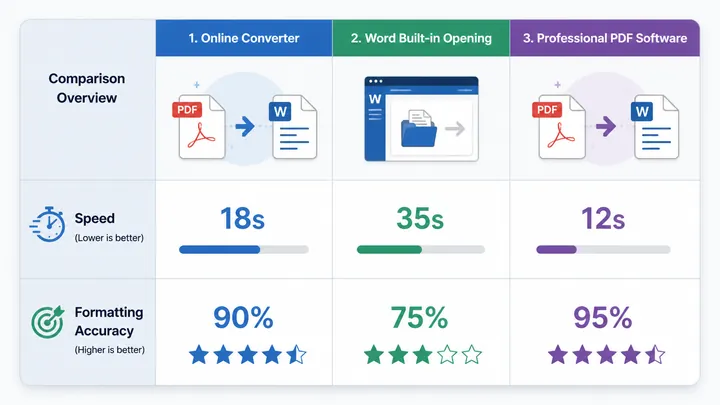 Comparison table infographic of three PDF to Word methods: online converter, Word built-in opening, 