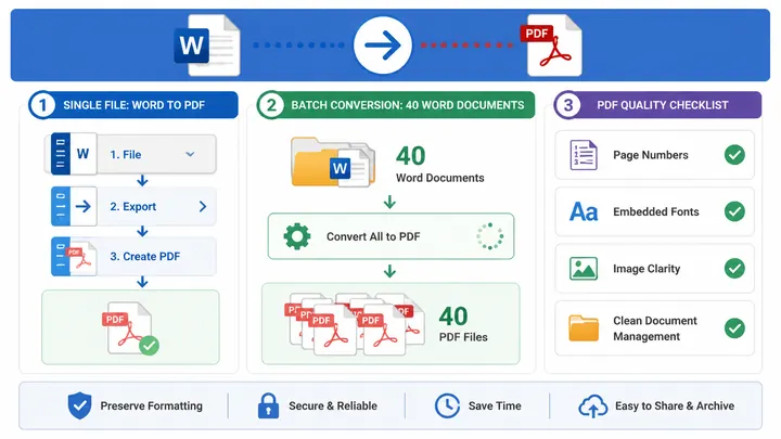 Workflow infographic for converting Word to PDF, showing single file export path File > Export > Cre