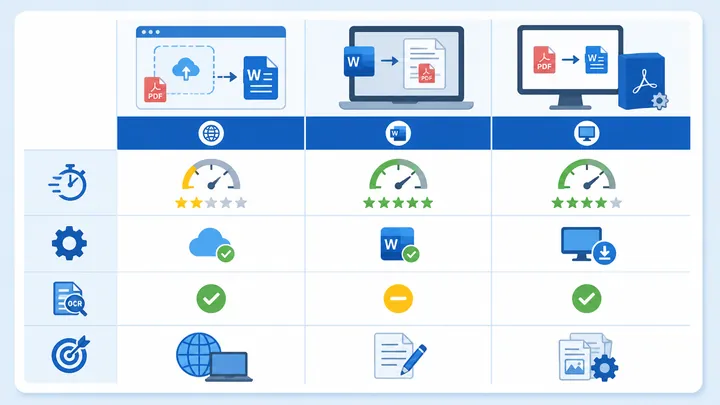 Comparison chart of three PDF to Word methods: online tool, Microsoft Word opening PDF, desktop PDF 