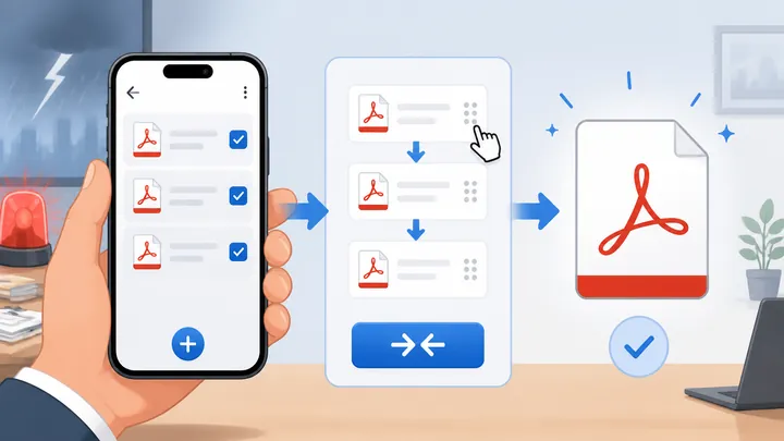 Mobile PDF merge workflow illustration showing phone screen with three PDF files selected, reorder a