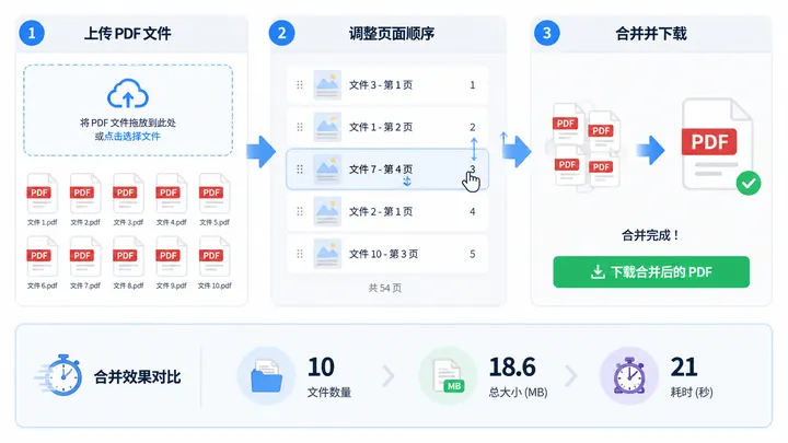 720x405 infographic flowchart showing how to merge multiple PDF files in three steps: upload PDFs, r