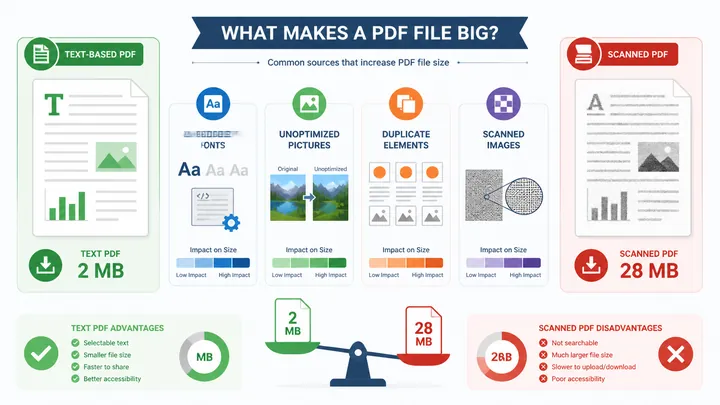 Infographic comparing PDF file size sources: scanned images, embedded fonts, unoptimized pictures, d