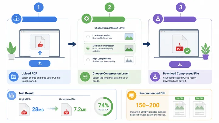 Step-by-step flowchart for online PDF compression with three nodes: Upload PDF, choose compression l