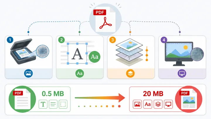 Infographic explaining why PDF files become large, showing four sources: high-resolution scans, embe