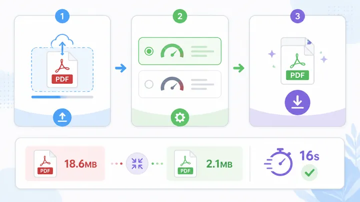 Step-by-step flowchart for online PDF compression with three nodes: upload PDF, choose recommended o