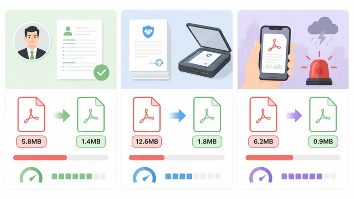 Comparison chart showing three PDF compression scenarios: resume ID under 2MB, contract scans, mobil