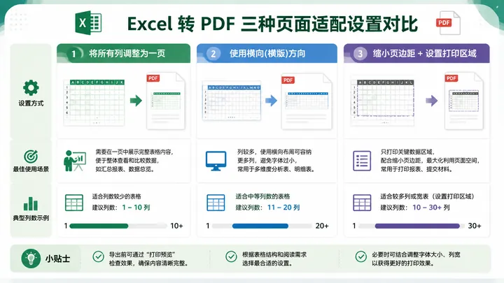 Comparison chart of three Excel to PDF page fitting settings: fit all columns to one page, landscape